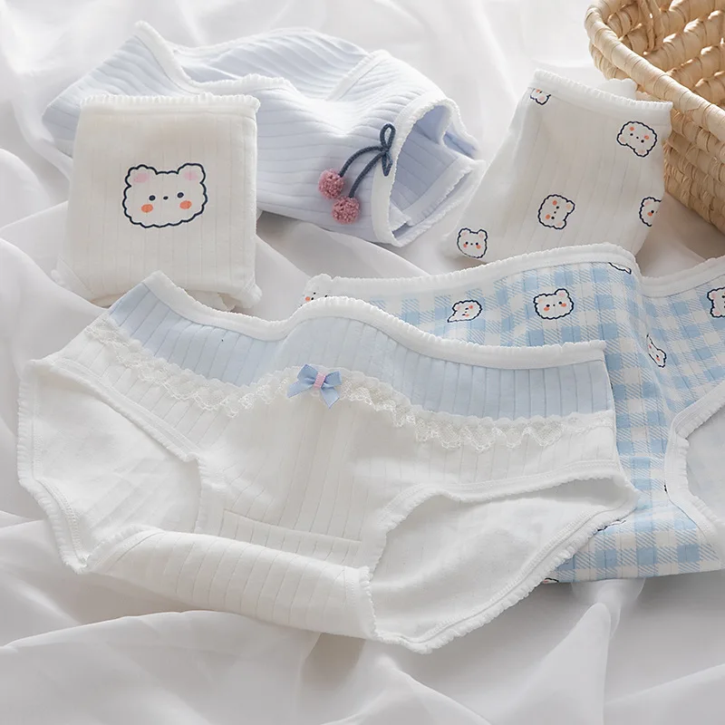 Purely Seductive Blue Korean Style Sweet Cute Lace  Bear Girl Panties Hip Hugging Cotton Crotch Breathable Triangle Panties 4pcs
