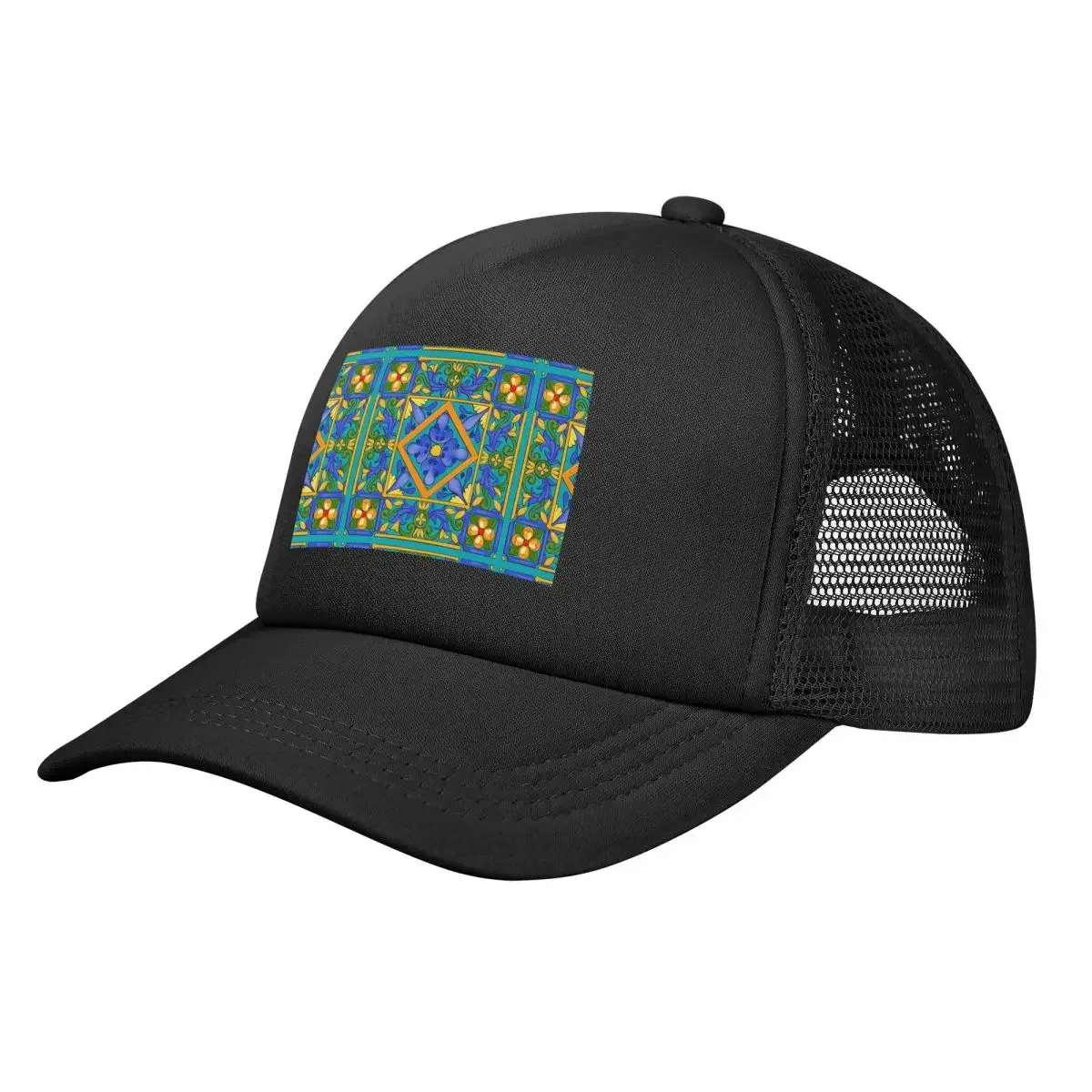 Summer ,Sicilian Tiles ,majolica,lemons ,Mediterranean Mesh Baseball Caps Snapback  Baseball Hats Breathable Casual Casquette