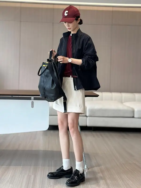 

High Aesthetic Workwear Jaet Stand Collar Retro Sle Loose Fit Long Sve Cotton Casual Outerwear for Women