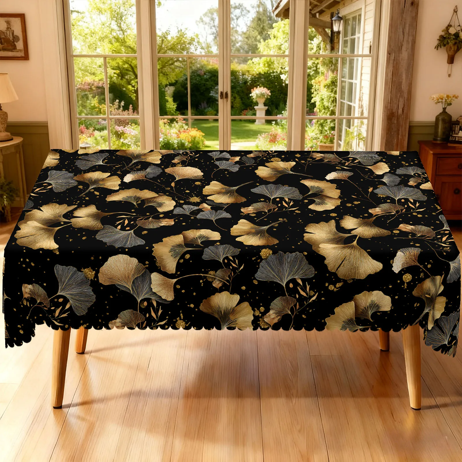1 Piece of Ginkgo Leaf Themed Round Tablecloth, Available in Various Sizes, Black Background with Gold, Brown, and Dark Gray Ginkgo Leaf Print, Embossed Edge Craftsmanship, Vintage Aesthetic Decoration, Suitable for Daily Use in the Family Living Room, Terrace, Leisure Tea Table, Tablecloth for Daily Tea Gatherings, Natural Style Home Decoration
