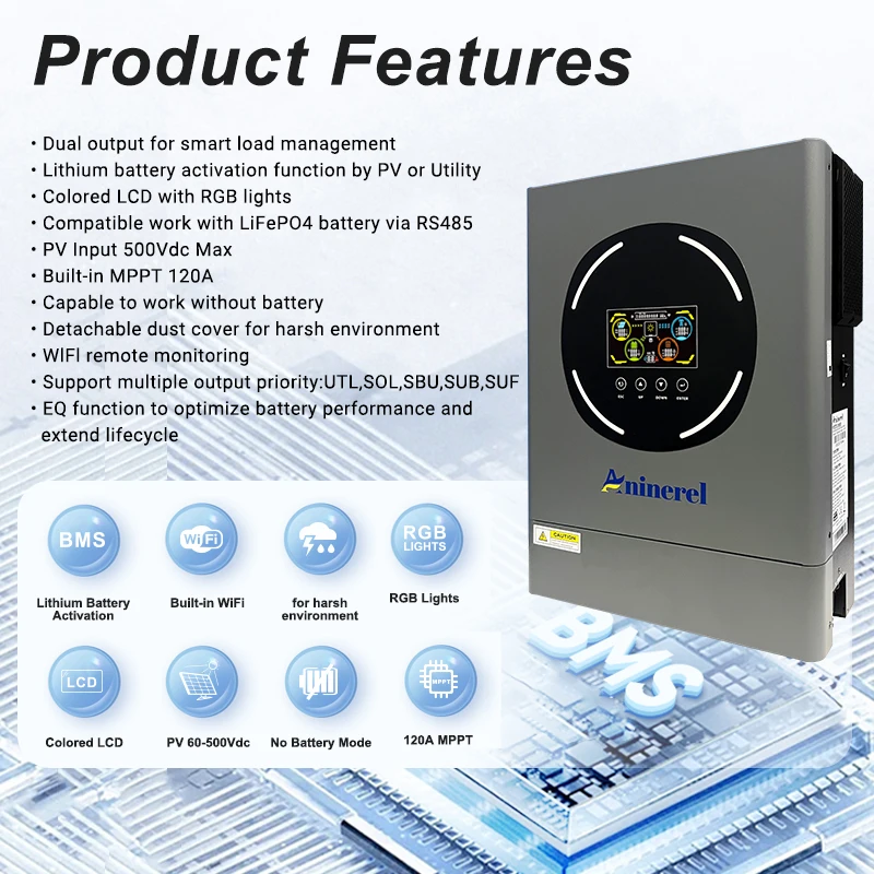Aninerel 6.2KW 48V Hybrid Solar Inverter 220V Pure Sine Wave Inverter Off/on grid builtin MPPT 120A Solar Charge Controller WiFi view 7