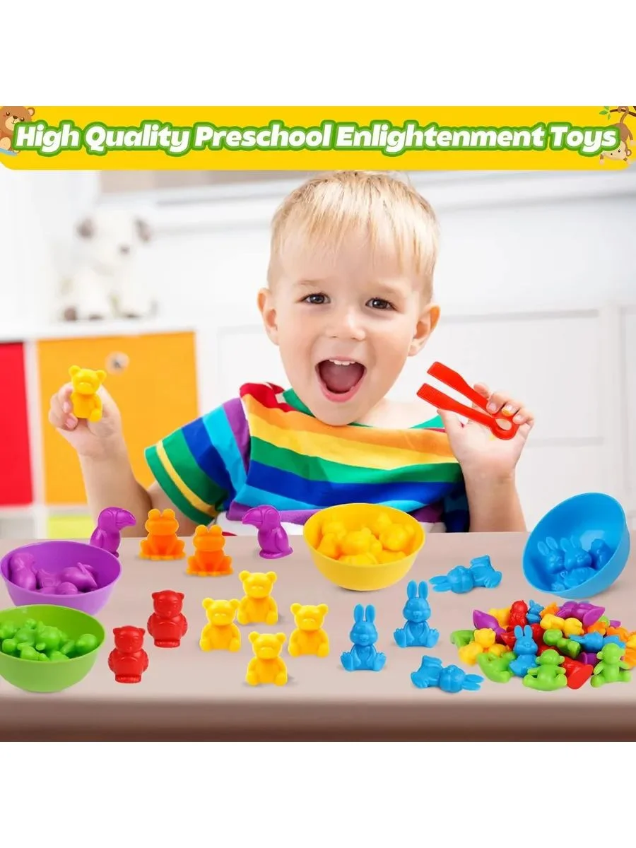 Montessori Color Sorting Toy Set 6 Bowls, Tweezers Animal Figures for Toddlers, Preschoolers Fine Motor Cognitive Development image 3