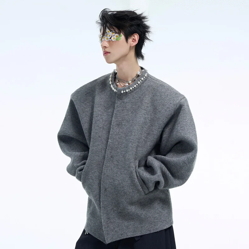 IEFB Niche Design Men\'s Cardigan Sweater Pearl Knitting Short Round Collar 2024 Winter New Loose Solid Color Male Tops 24E5187