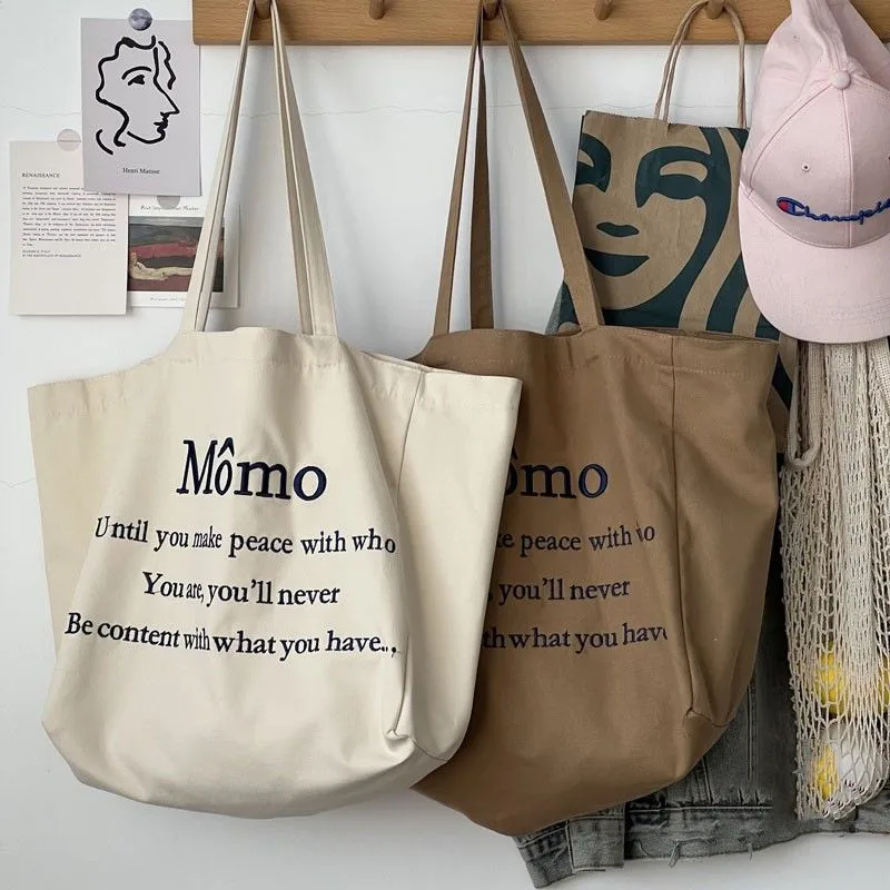 Women Canvas Shoulder Bag Momo Letter Printing Ladies Casual Handbag Tote Bag Large Capacity Cotton Reusable Shopping Beach Bag