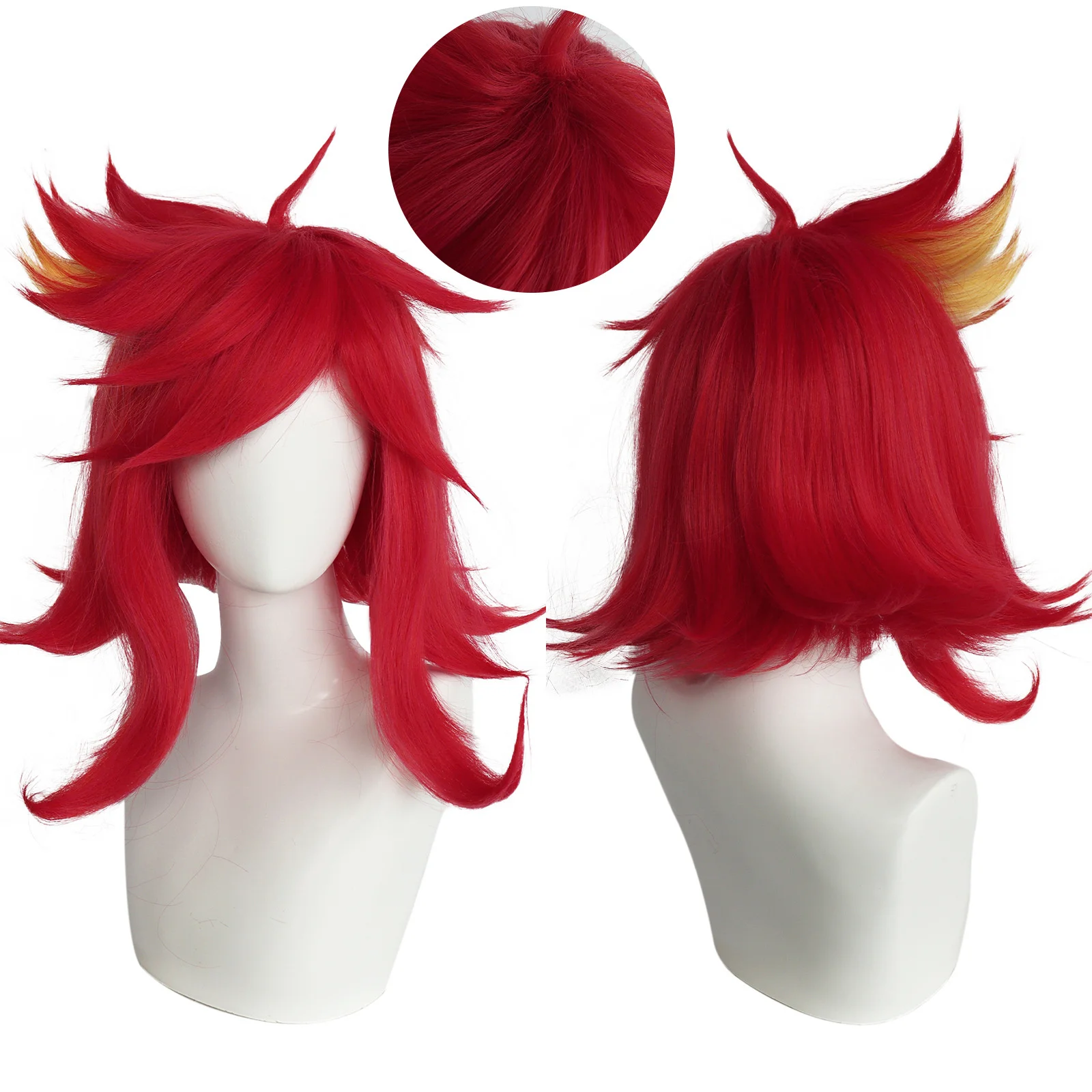 วิกผมอนิเมะนิฟตี้คอสเพลย์วิกผมสั้นวิกผมสีแดงกลางสีเหลืองสำหรับปาร์ตี้เทศกาลฮาโลวีน