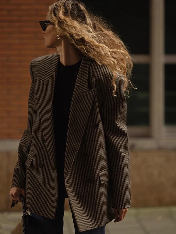 

Винтажный клетчатый двубортный пиджак свободного кроя Briti Sle, профессиональная повседневная женская верхняя одежда из полиэстера для работы