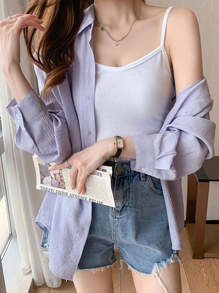 White Ice Silk Sunscreen Shirt Women Summer Loose Sun Protection Cardigan Thin Coat Lady Korean Fashion Long Sleeve Blouses Tops