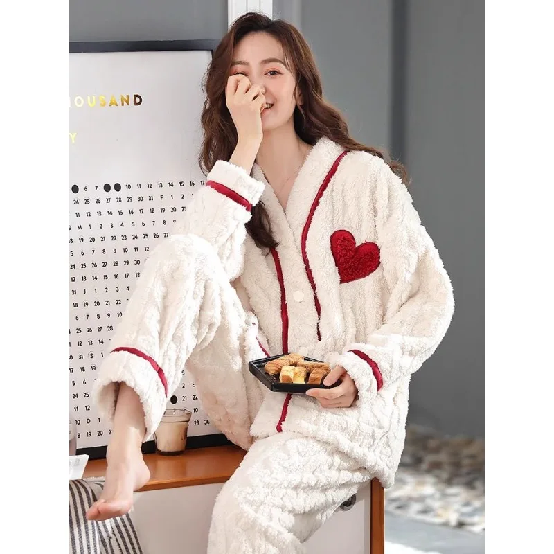 Pajamas Ms. sweet warm Coral fleece fleecing intensification Autumn and winter flannel Large size Long sleeve loungewear set