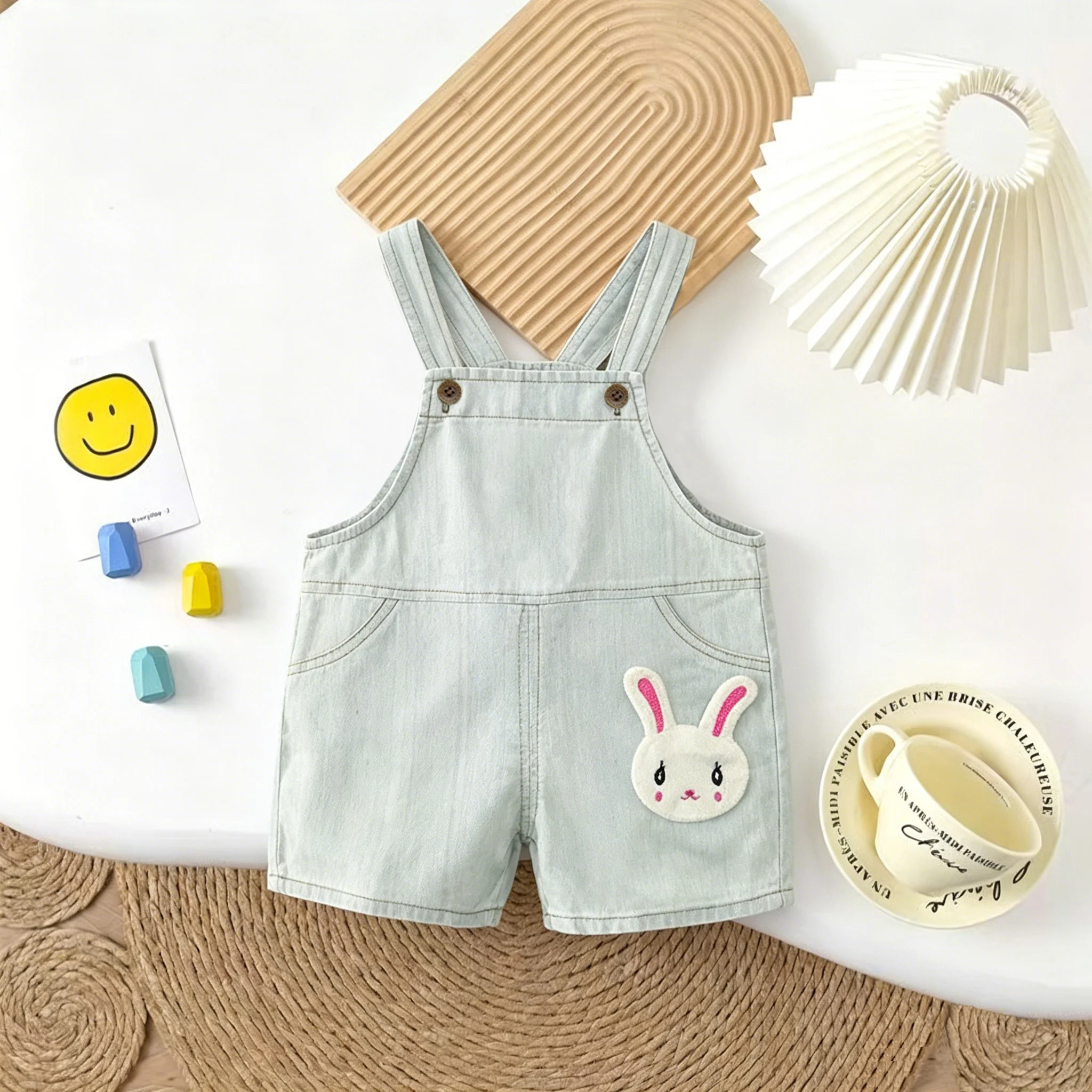 IENENS Cute Girl Overalls Summer Thin Kids Shorts 1-3 Years Baby Rompers Cartoon Rabbit Light Blue Jumpsuits