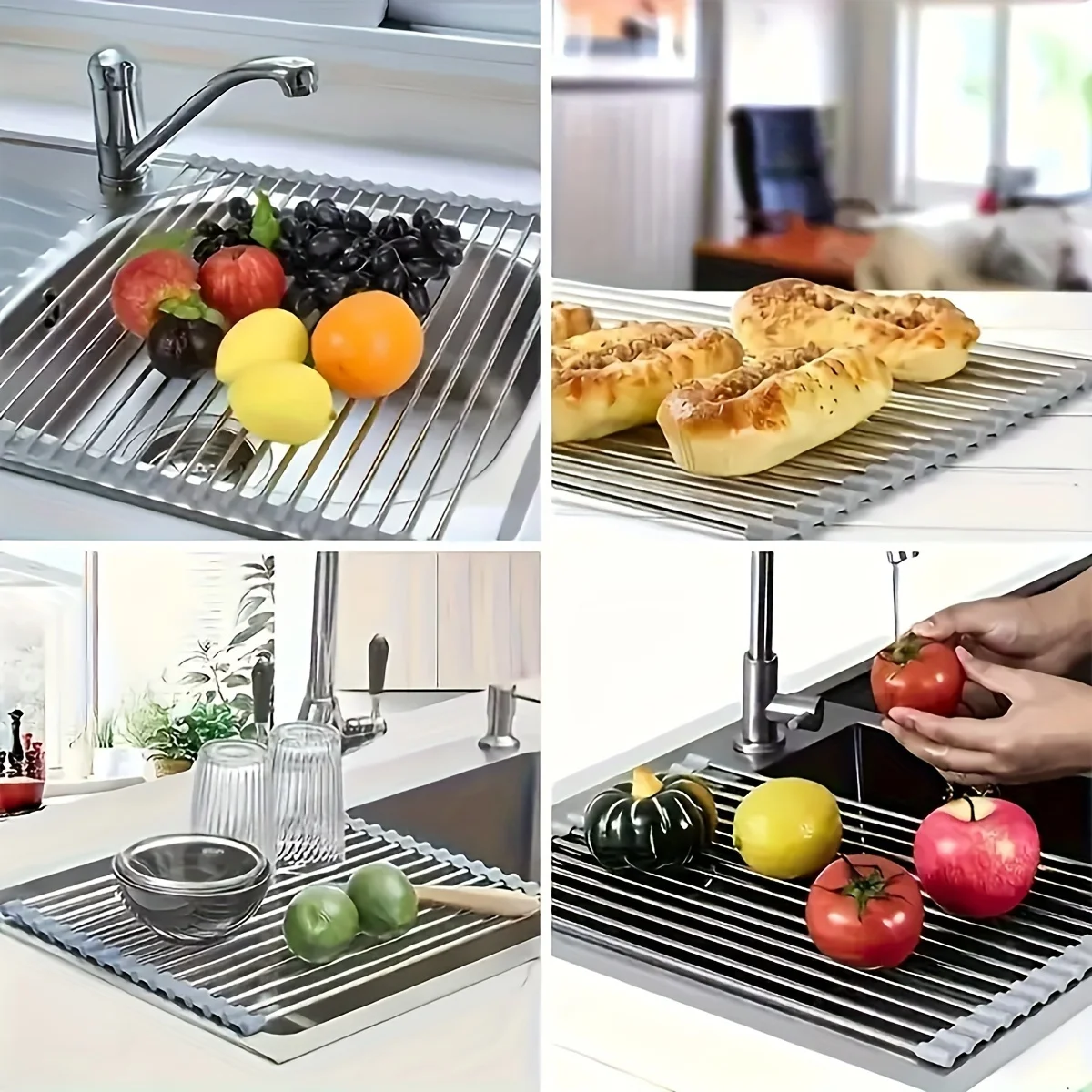 Stainless Steel Drying Rack, Foldable Sink Rack Mat, Fruit & Vegetable Draining Rack, Dining Table Heat Insulation Pad