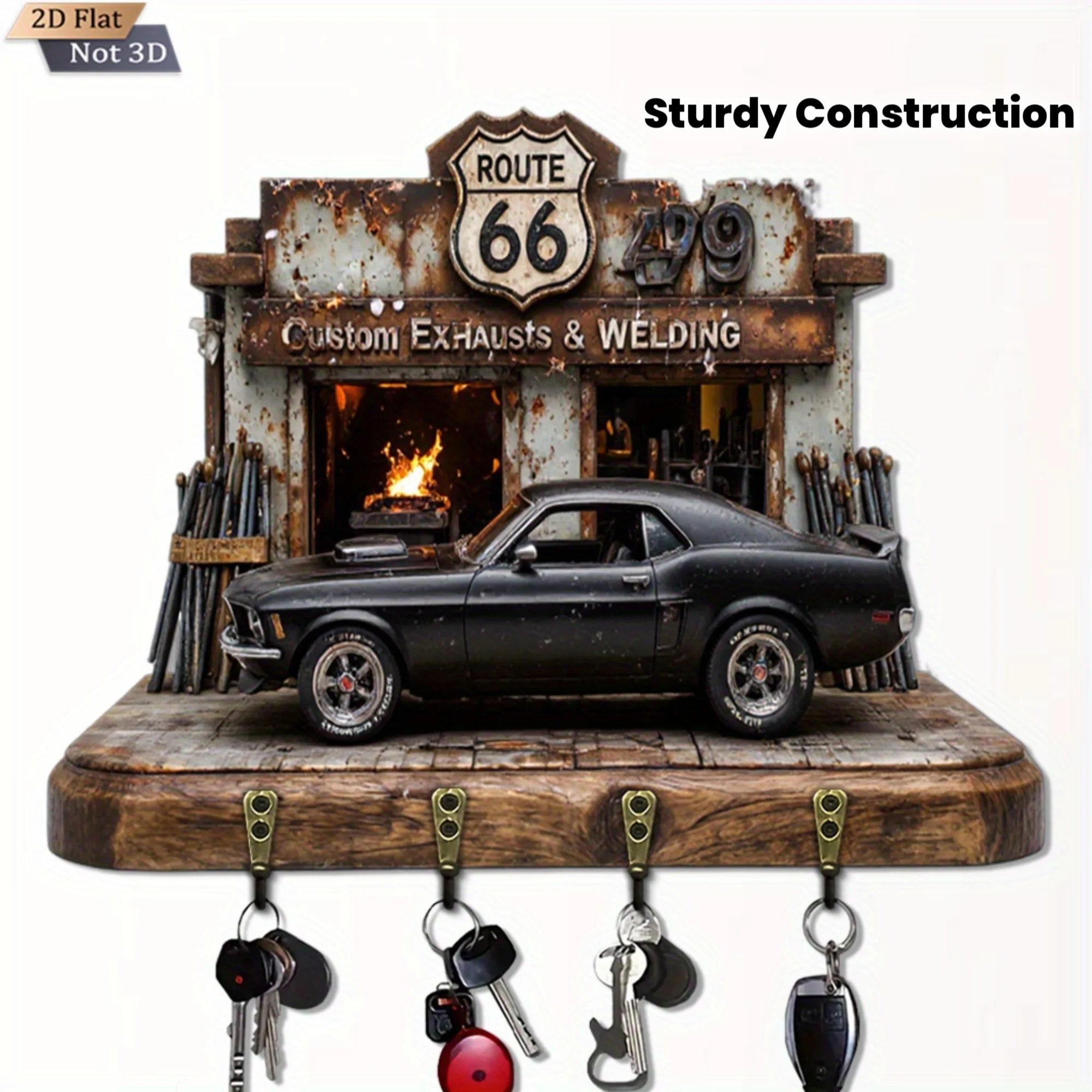 1pc Route 66 Vintage Car Key Holder - Rustic Wooden Wall-Mounted Key Organizer with 4 Metal Hooks, 11.8