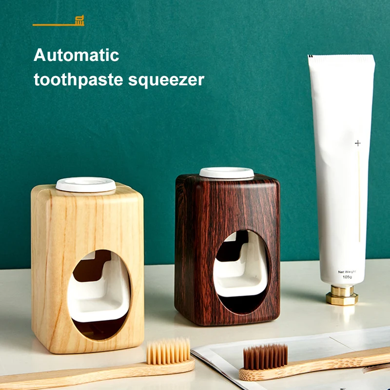 Wood Grain Wall-Mounted No-Punch Automatic Toothpaste Dispenser Toothpaste Frame Automatic Toothpaste Squeezer Household