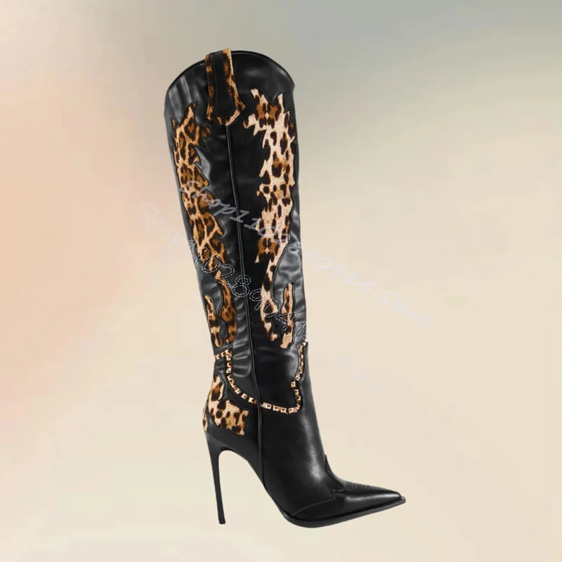 

Leopard Totem Print Pointed Toe Western Style Boots Side Zipper Women Shoes Thin High Heels Party Feast 2024 Zapatos Para Mujere