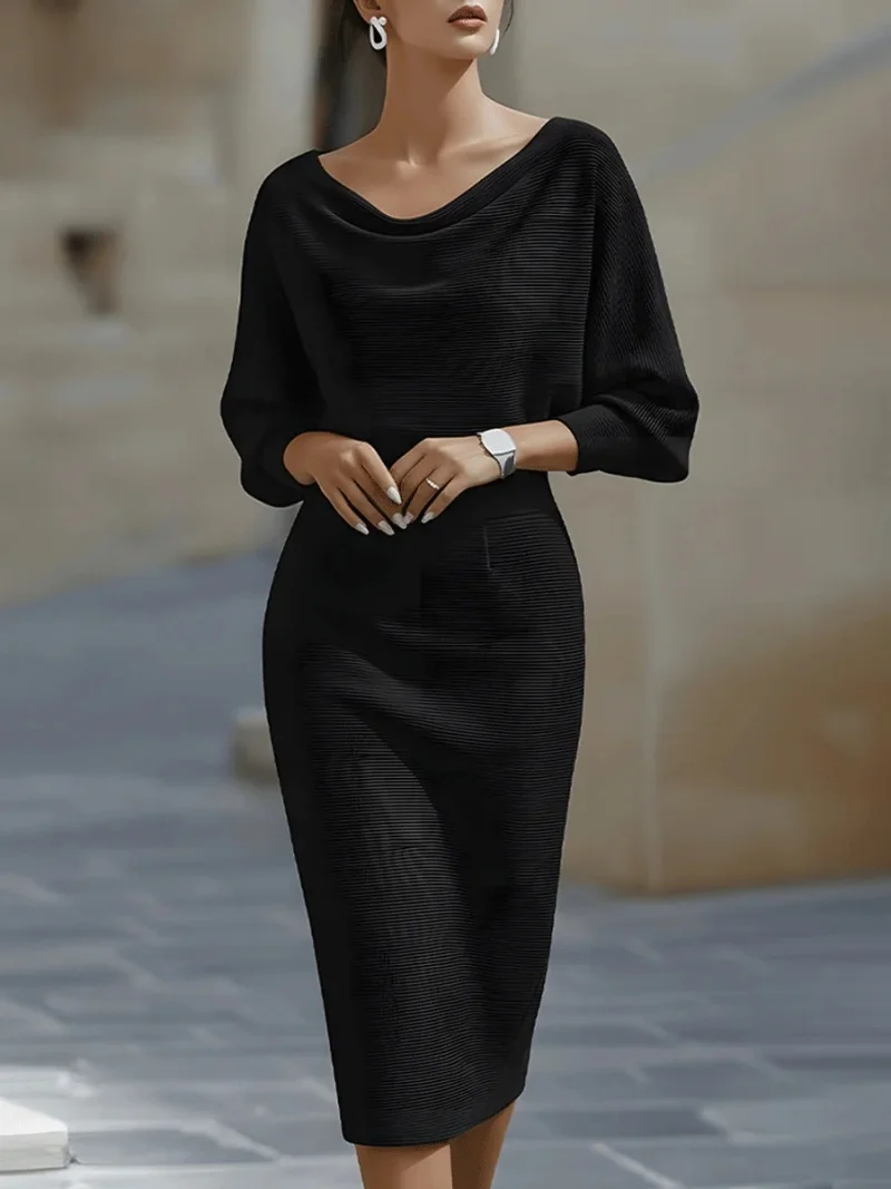 Elegant White Cowl Neck Midi Dress - Long Sleeves Bodycon Fit Perfect for Office Party Wedding