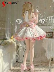Cute Sweet Girl Kawaii Lolita Pink Dress Back Big Bow with Bell Jacquard Lace-up Halterneck Backless High Waist Mini Dress Women