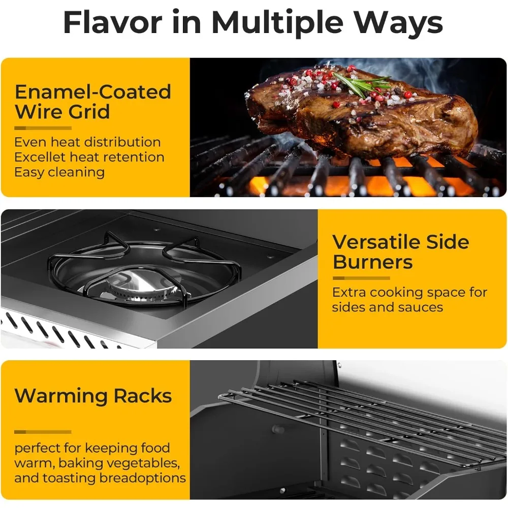 3 Burners Propane Gas Grill with Side Burner, 34000 BTU BBQ Grills for Outdoor Cooking, Removable Grease Tray, Barbecue Grill