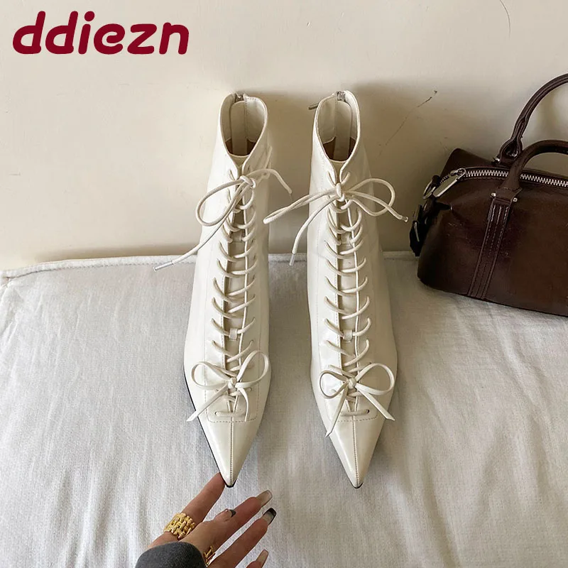 

Модные женские ботильоны со шнуровкой, современные ботинки, туфли на тонком каблуке, элегантные женские короткие ботинки с острым носком, женские туфли-лодочки, обувь 2025