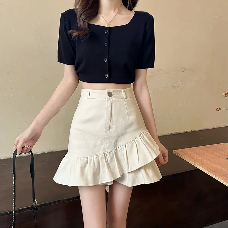 High-Waisted A- Line Mini Dress With Ruffle Edge And Pocket For Women Summer White Denim Sensible Niche Skirt