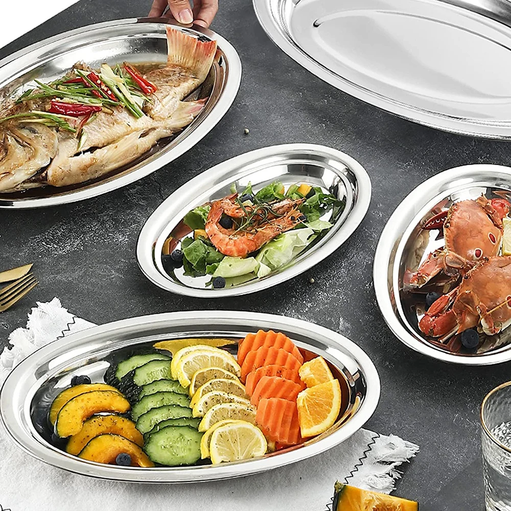 Stainless Steel Plate, Oval Steaming Fish Dishes, Metal Serving Platter for Kitchen Restaurant Vermicelli Roll Plate