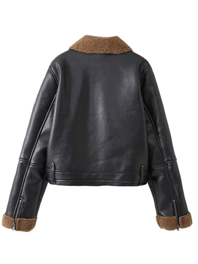 American Sle Loose Fit Biker Jaet Colletto Faionable da donna Cappotto in pelle e pelliccia Or Capispalla Chiusura con cerniera Lungo Sve