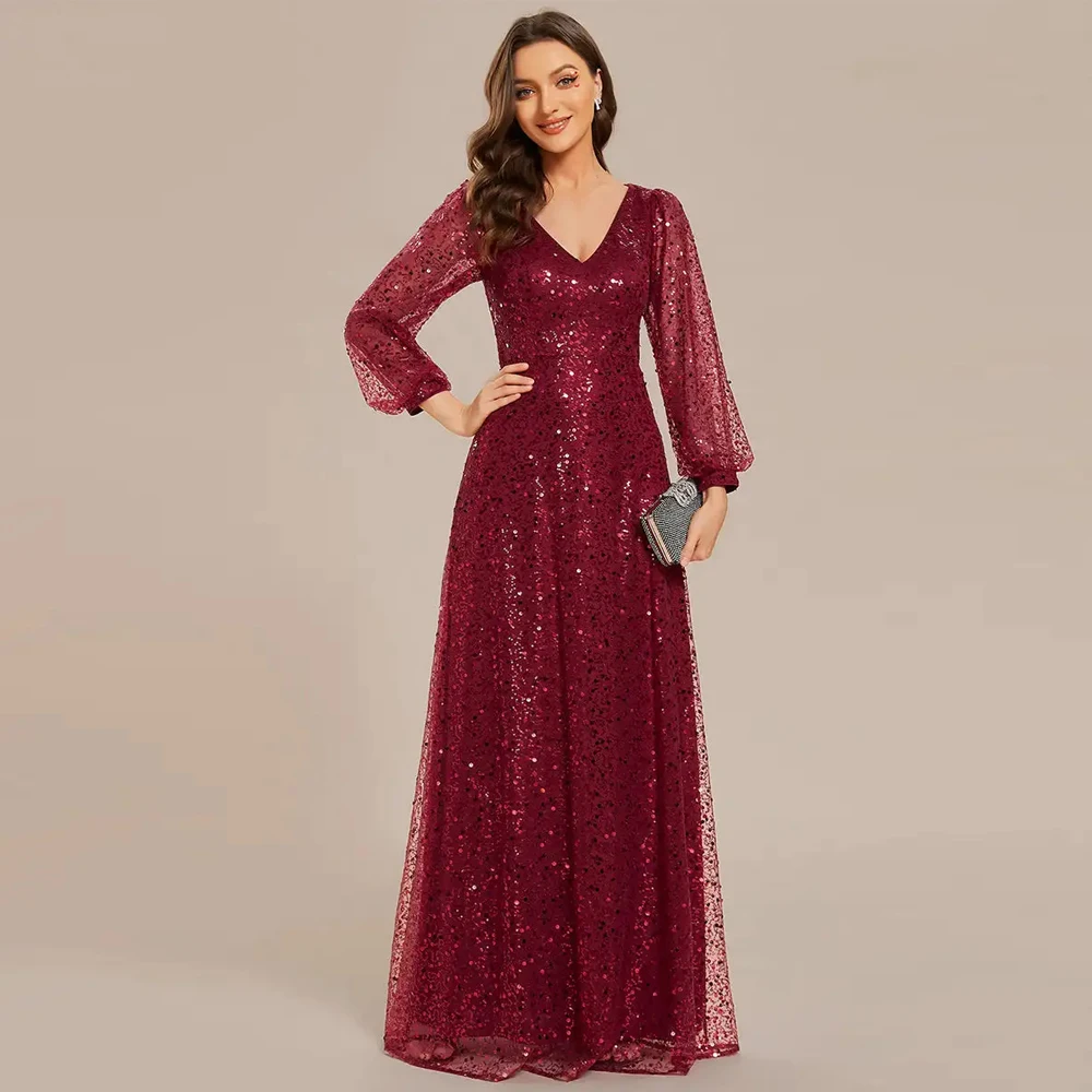 baziiingaaa-party-dress-elegant-waisted-chiffon-v-neck-long-sleeve-guest-dress-evening-dress