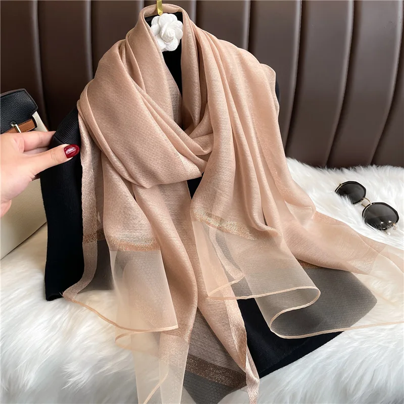 Modischer Luxus Einfarbiger Langer Seidenschal für Damen Weicher Glatter Schal Kopftuch Hijab Outdoor-Schal Langer Umhang Strandtuch – Detail 22