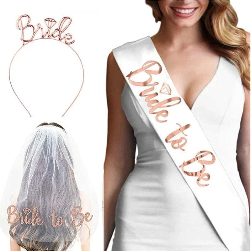 1Set Bride To Be Veil Satin Sash Hiarband Tattoo Stickers Hen Bachelorette Party Supplies Bridal Shower Wedding Decorations