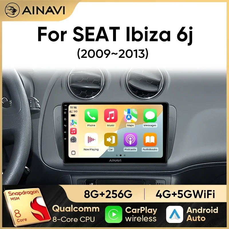 Radio para coche Ainavi para SEAT Ibiza 6j 2009 2010 2011 2012 2013, reproductor Multimedia Android 13, Carplay inalámbrico, DSP estéreo, 2 Din