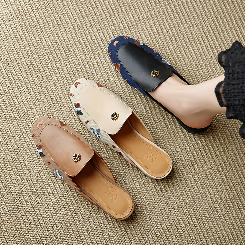 

Новинка 2023 года, летние женские сандалии из натуральной кожи, 22-25 см, воловья кожа + вышитая ткань + свиная кожа, женская обувь, мюли, модные полутапочки