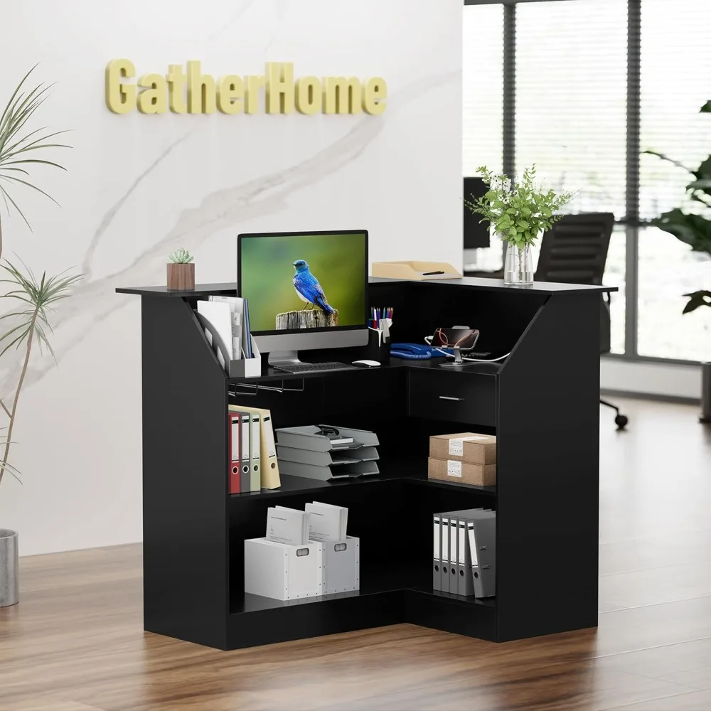 مكتب استقبال مع أرفف تخزين ودرج، مكتب أمامي حديث على شكل حرف L مع مخرج طاقة، طاولة طاولة استقبال للشيكو #3