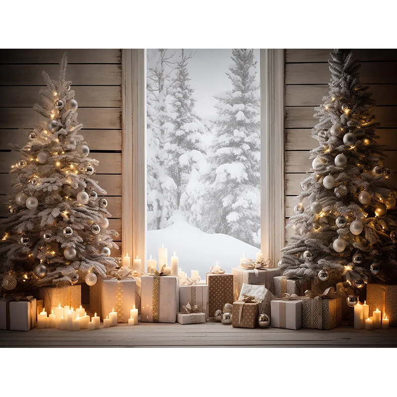 Albero di Natale con pavimento in legno Fondali fotografici Pigne Camino da neve Capodanno Festa invernale Sfondo DT-24