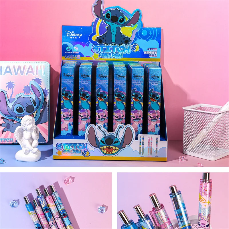 Disney Stitch 24pcs Gel Pen Lilo & Stitch Press Cartoon Patch 0.5mm Black Stationery Student Signature Pen Writing Tools