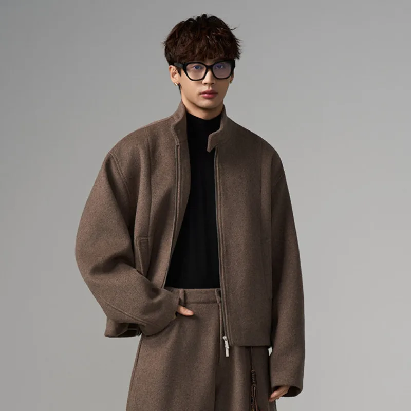 HKSH Autumn Winter New Men High-End Wool Blend Solid Color Jacket Trendy Chic Pleated Multi-pocket Casual Wide Leg Pants HK18524