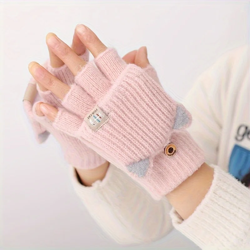 Winter Women Knitted Gloves Thick Woolen Female Mittens Cute Flip Fingerless Exposed Finger Girl Gloves For Cycling Hand Warmer