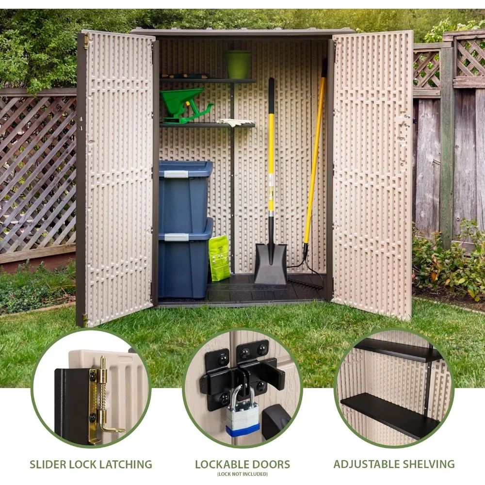 Vertical Storage Shed, Pack of 1, Desert Sand for Backyard or Patio Storage of Bikes, Tool, Slider Latch Locking System