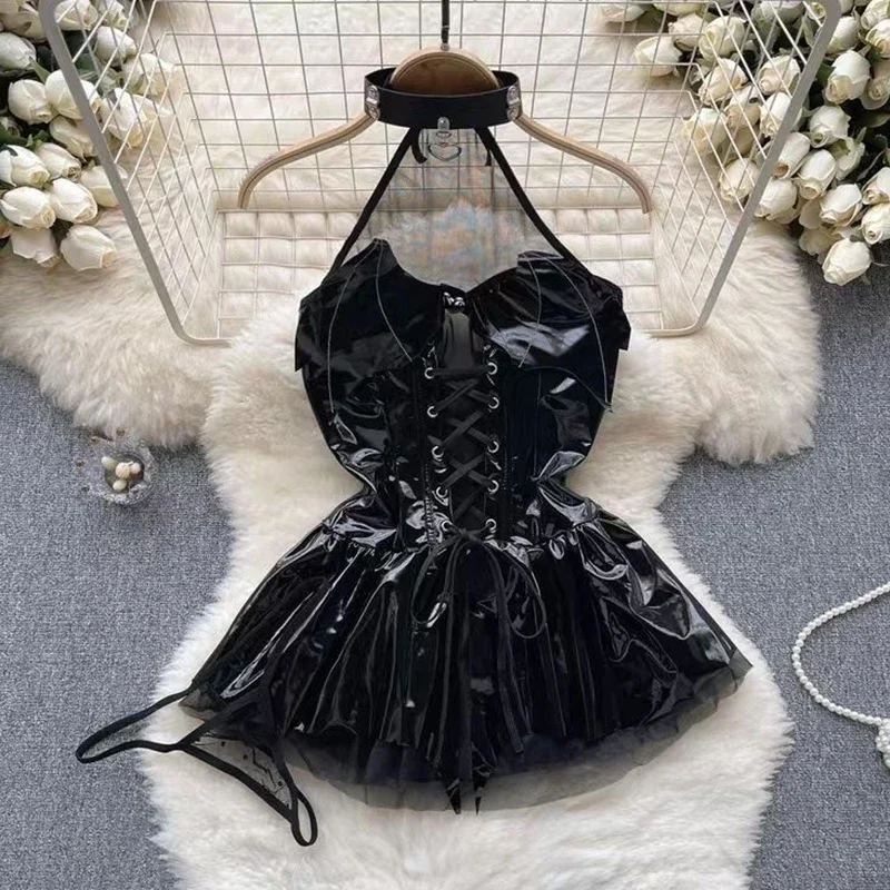 

Черное для женщин Чувственное платье из искусственной кожи с лямкой на шее на шнуровке A Line Сексуальные стринги Прозрачная мини-порно ночная рубашка с открытой спиной Горячее платье Skinny