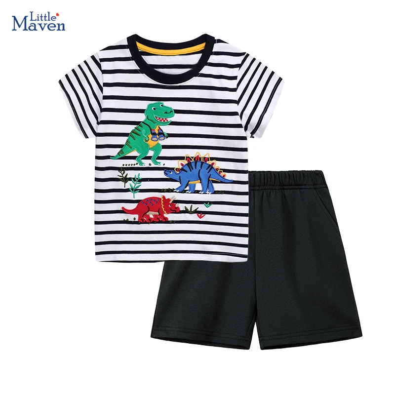 Little Maven Kinderkleidung Baby Jungen Kinderbekleidung 2026 Sommer Baumwollsets Cartoon Dinosaurier Gestreifte T-Shirts Tops+Hosen