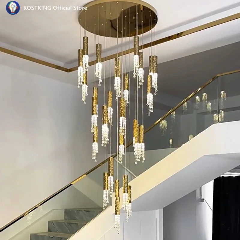 

Роскошная хрустальная люстра из нержавеющей стали, водная рябь, спиральная лестница, длинное дуплексное освещение, настраиваемые светильники ‌