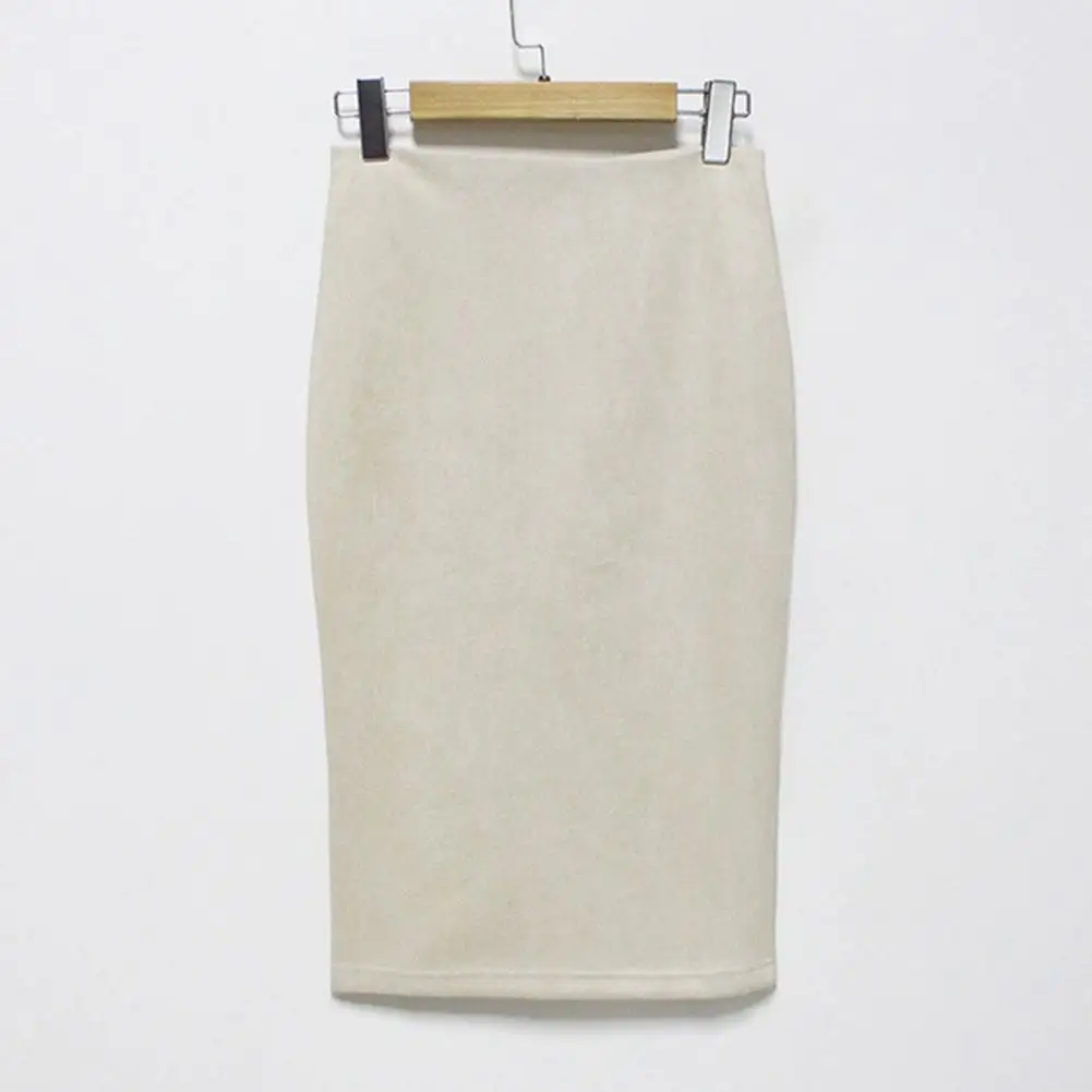 

Women Hip Coverage Skirt High Waist Women's Pencil Skirt Stylish Suede Back Slit Knee-length Design Solid Color Slit Skirt