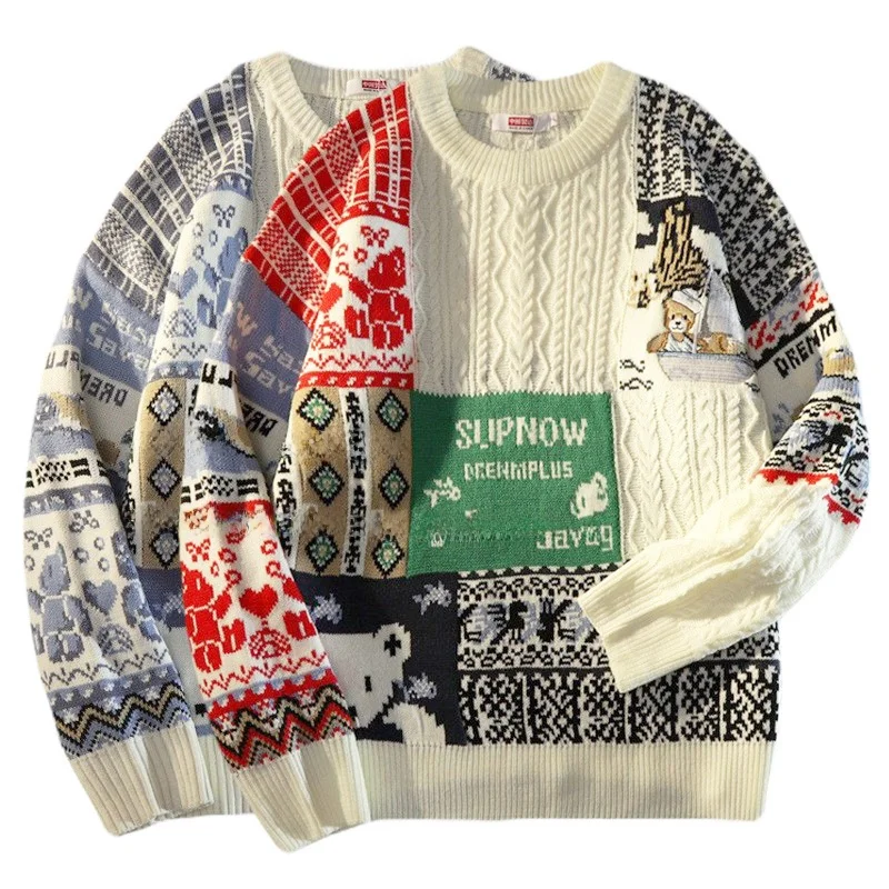 

Модный цветной вязаный свитер, мужские майки на Хэллоуин, ленивый свободный зимний теплый модный длинный све, круглый пуловер Ne