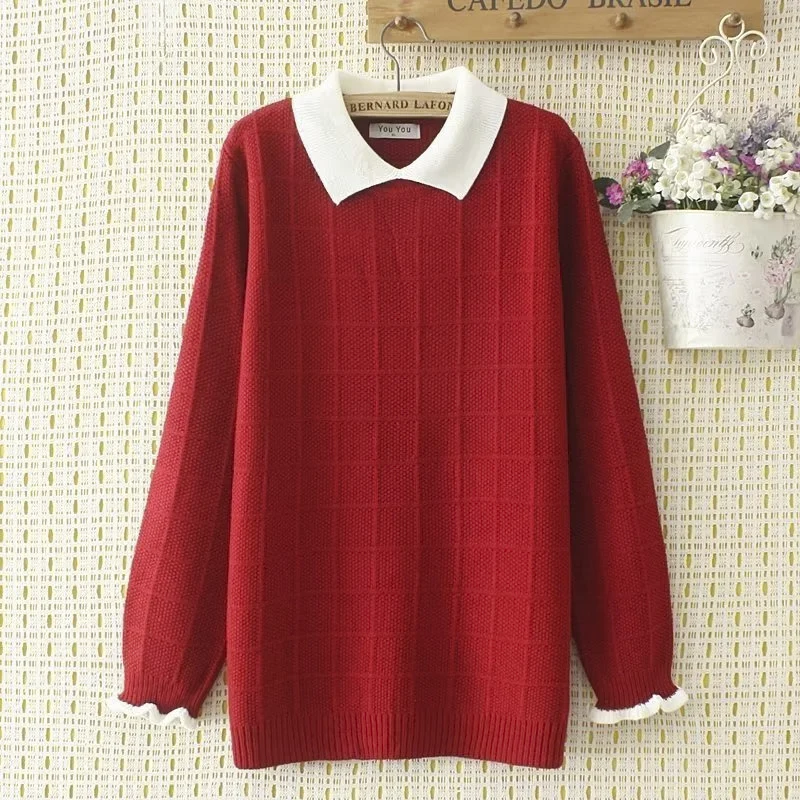 Suéter a cuadros de Jacquard de Color contrastante para mujer, Otoño Invierno, empalme de solapa, moda informal coreana, Jersey de punto suelto, Tops