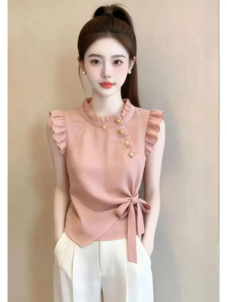 Casual Style Off-Shoulder Pink Shirt Women's Fashion Design Wooden  Detailing Short Sleeve Casual Wear Summer New Arrival