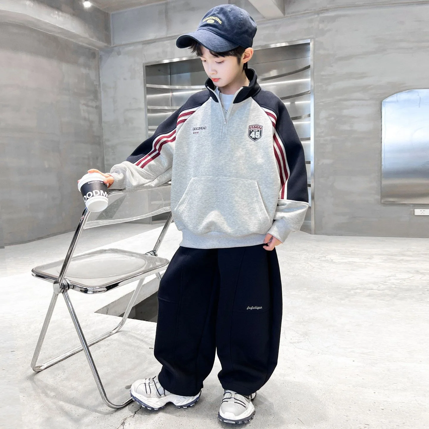 Autumn Winter Boy Teenager Clothes Children Set Sweatshirt Striped Hooded Top + Loose Pant Tracksuit 4 6 8 10 12 14 Years