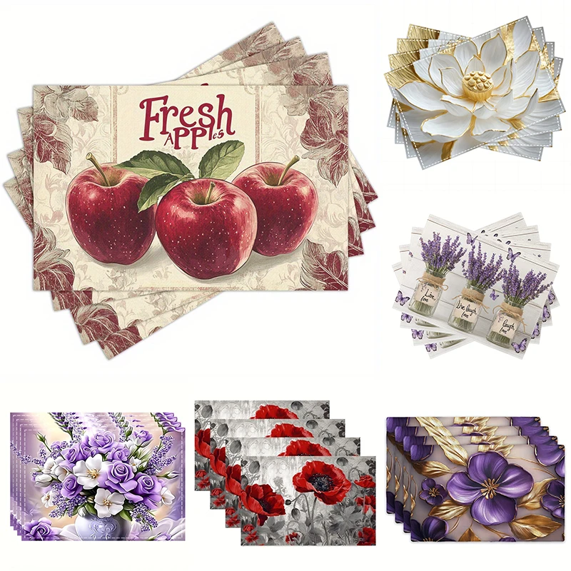 Mixed Floral Fruit Print Rectangular Placemats Set Apple Lavender Poppy Lotus Purple Flower Vintage Dining Table Mats 4/6/8PCS