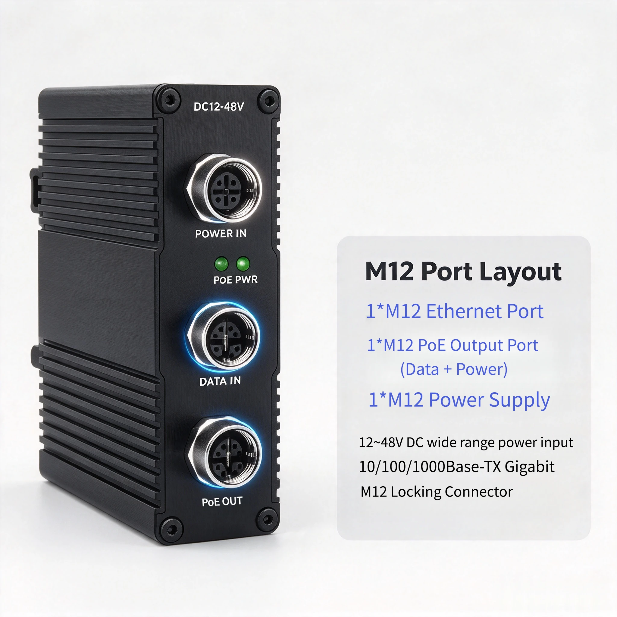 Industrial M12 PoE Injector, 30W/60W/90W Gigabit PoE Adapter IEEE802.3at/bt, 10/100/1000Mbps 12~48V DC