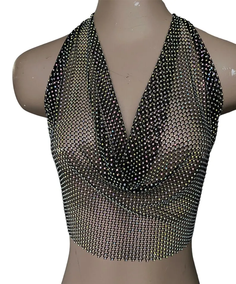 Damen Neckholder-Top mit Strass und Netzstoff, Cowl-Ausschnitt, Rückenfreies Wickeltop mit Selbstbindung, Transparentes Club-Party-Oberteil, Ärmellos, Sexy Bikini-Überzug – Detail 2