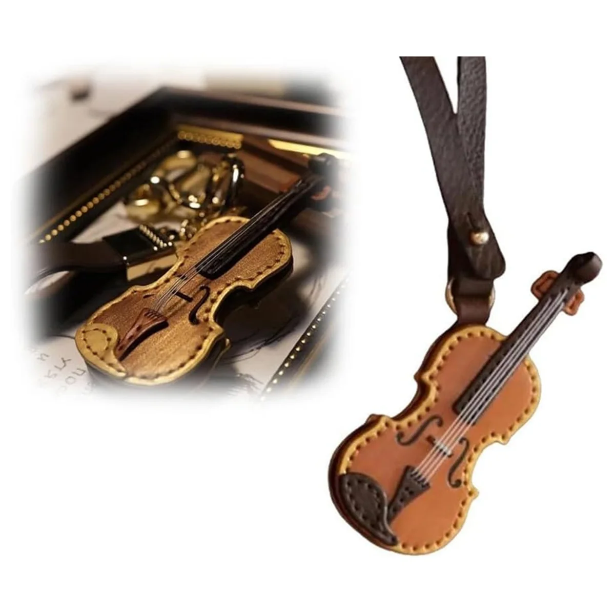 Leather Violin and Cello Keychain Mini Musical Instrument Keychain Vintage Leather Violin Keychain Brown