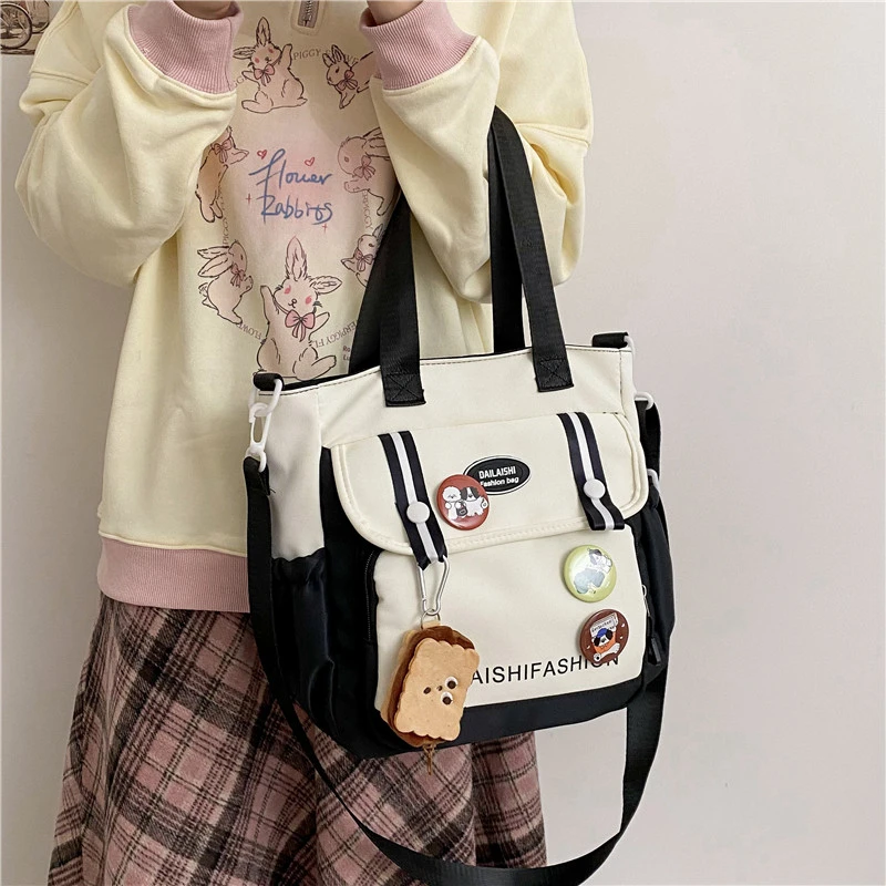 Oxford Shoulder Bag, Cute Tote Bag, Cartoon Handbag & Purse, Pendant Badge Decor Crossbody Bags For Women, Girls, Student, Trave