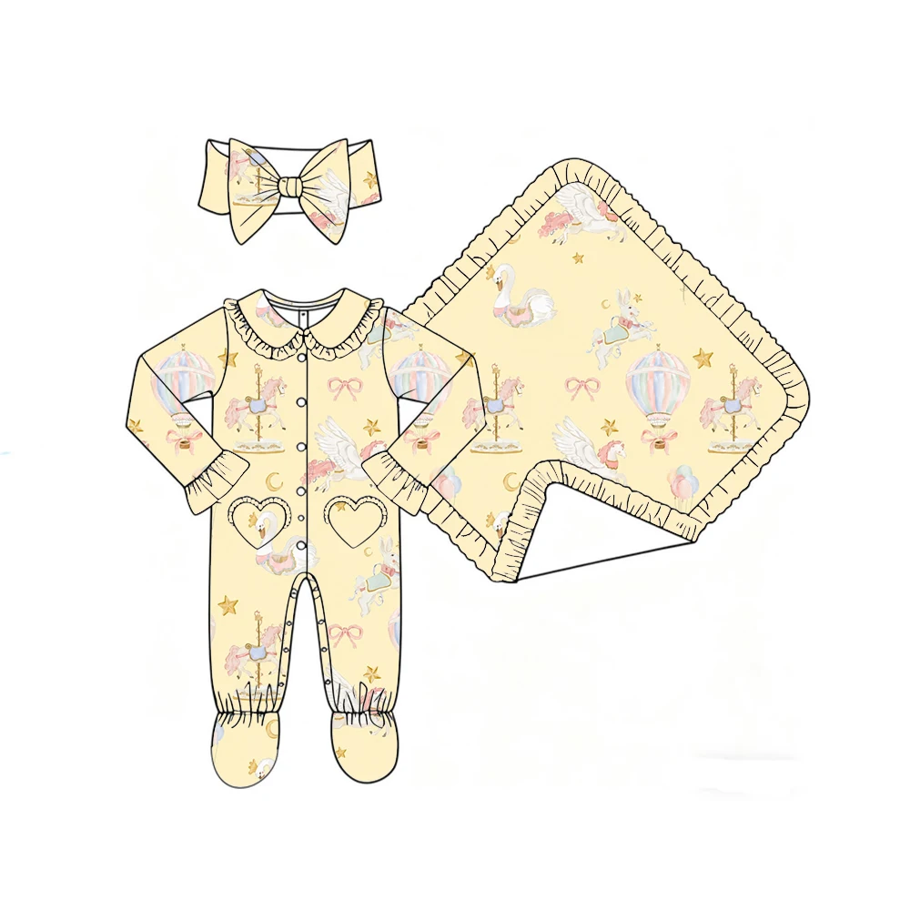 New Boutique Girls' Blanket and Romper Lapel Ruffle Buttons Love Pocket Binding Feet Cartoon Print Custom Patterns