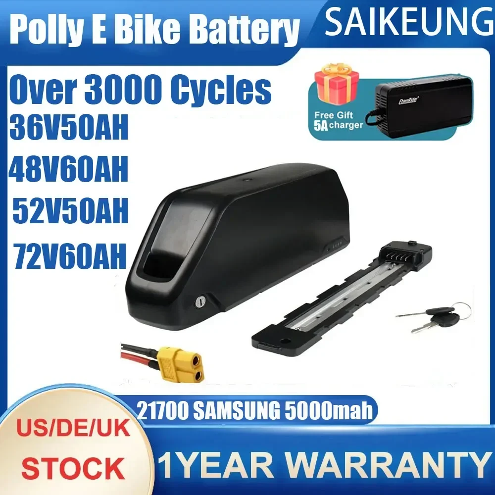 Polly eBike Battery 52V 30AH 72v60ah Lithium Electric Bicycle Downtube Battery with Charger 48v 40AH 60V50AH for 250W-3000W Moto